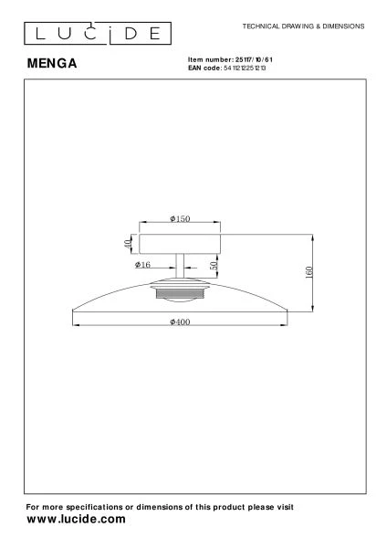 Lucide Premium MENGA - Plafonnier - Ø 40 cm - LED Dim. - 1x11W 2700K - Opalin - technique